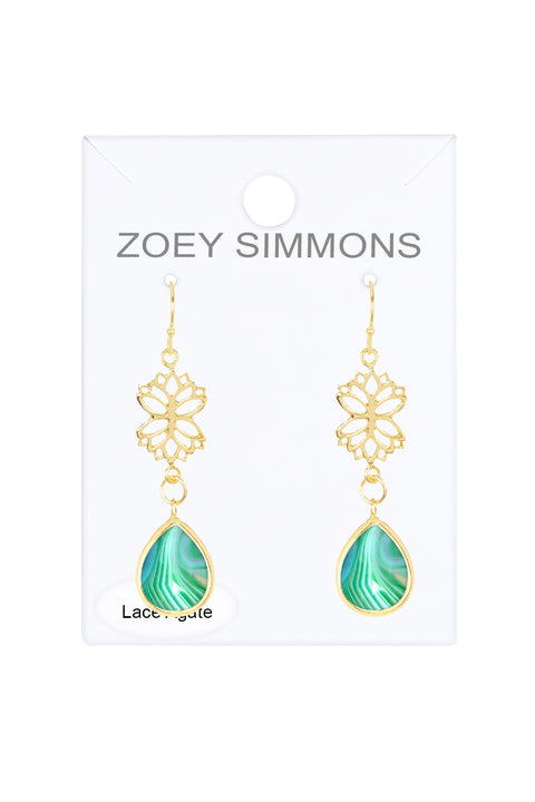 Green Lace Agate & Lotus Drop Earrings - GF