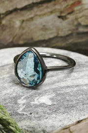 Blue Crystal Pear Ring In Gunmetal - SF