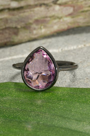 Pink Crystal Pear Ring In Gunmetal - SF