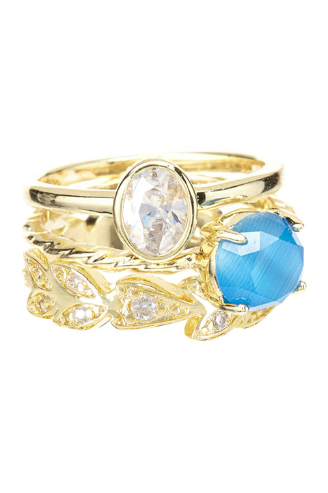 Blue Cat's Eye & CZ Stack Ring Set - GF