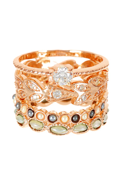 Faux Pearl & CZ Stack Ring Set - GF