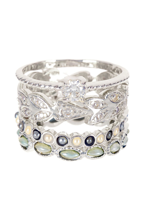 Faux Pearl & CZ Stack Ring Set - GF