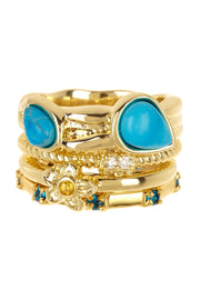 Turquoise & CZ Flower Stack Ring Set - GF