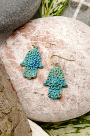 Natural Verdigris Patina Hamsa Drop Earrings - BR