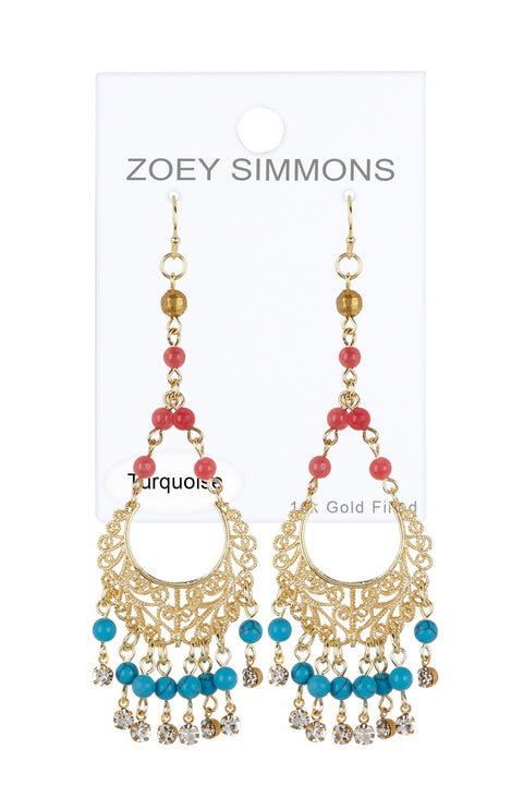 Red Agate & Turquoise Boho Chandelier Earrings - GF