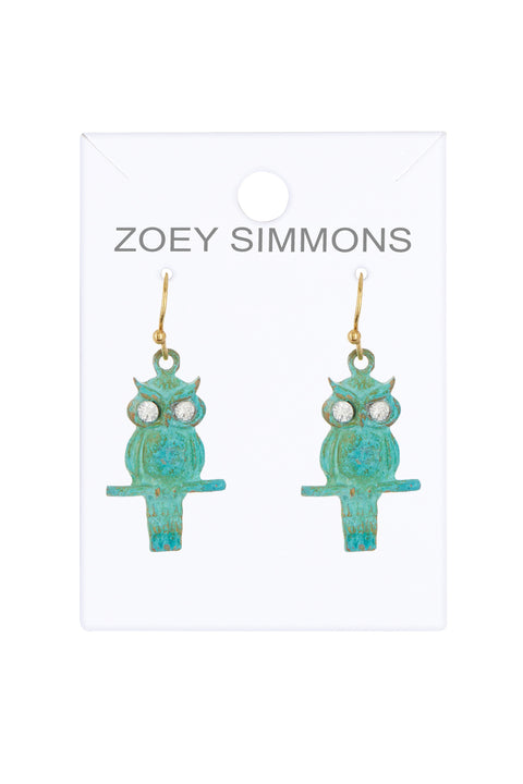 Natural Verdigris Patina Owl Drop Earrings - BR