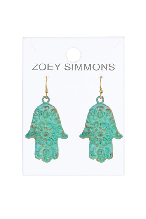 Natural Verdigris Patina Hamsa Drop Earrings - BR