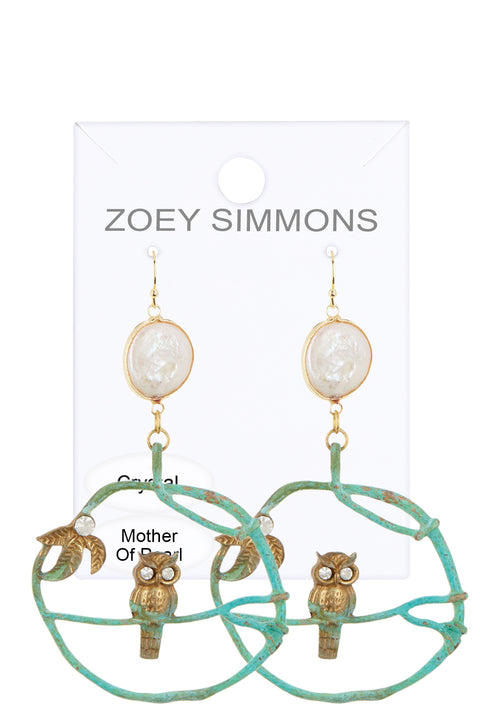 Natural Patina & MOP Perched Owl Earrings - BR