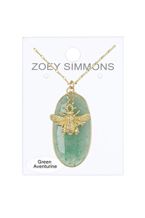 Green Aventurine With Bee Charm Pendant Necklace - GF
