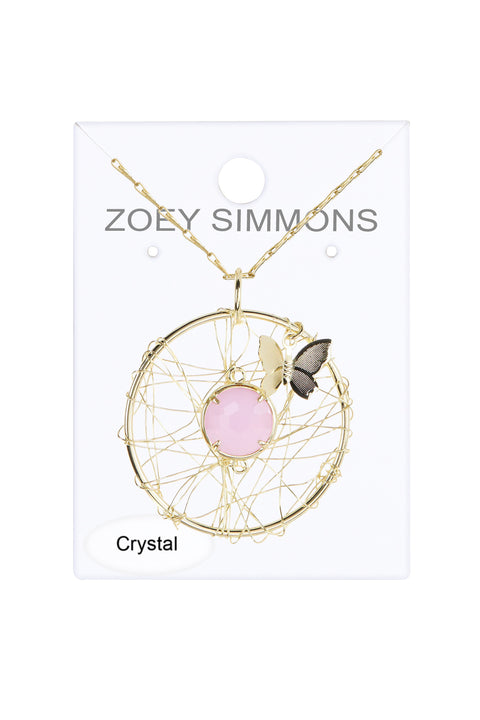 Rose Crystal Dreamcatcher Pendant Necklace - GF