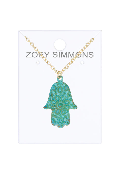 Natural Verdigris Patina Over Brass Hamsa Necklace - GF