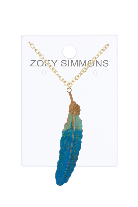 Natural Blue Patina Feather Pendant Necklace - GF