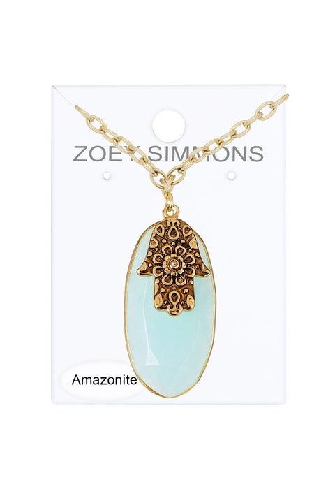 Amazonite With Hamsa Cabochon Pendant Necklace - GF