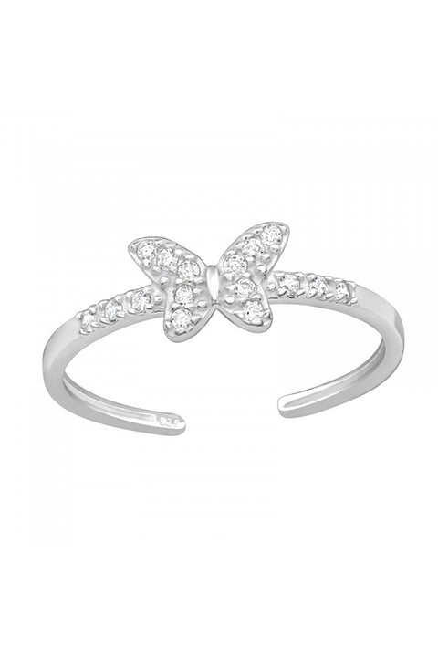 Sterling Silver Adjustable Butterfly Toe Ring with CZ - SS