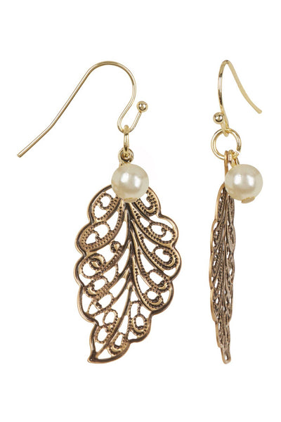 Antique Filigree Leaf & Glass Pearl Earrings - GF
