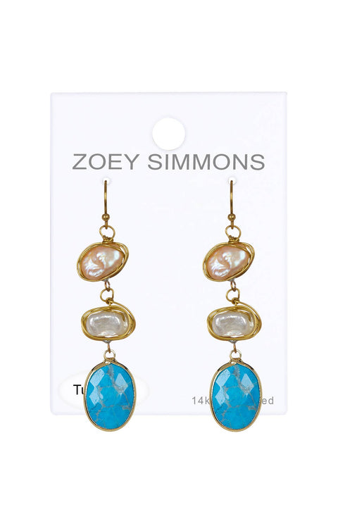 Stabilized Turquoise & Freshwater Pearl Drop Earrings - GF