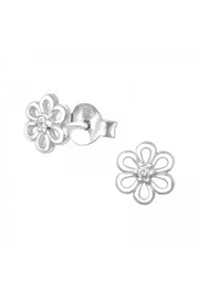 Sterling Silver Flower Ear Studs With Cubic Zirconia - SS