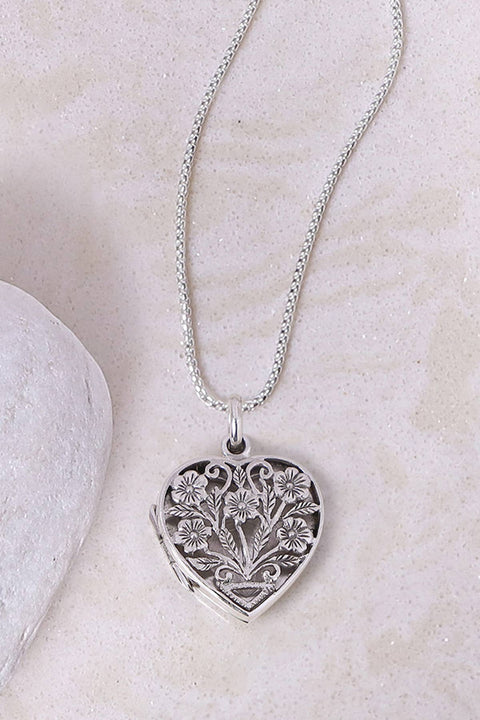 Sterling Silver Filigree Heart Locket Pendant Necklace - SS