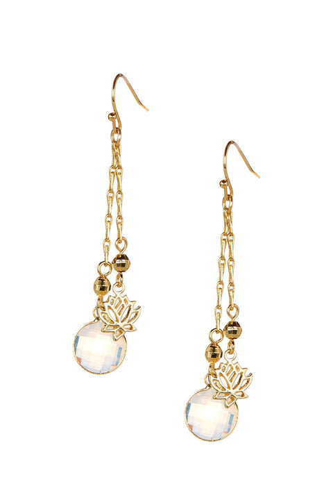 Moonstone Crystal & Lotus Drop Earrings In Gold - GF