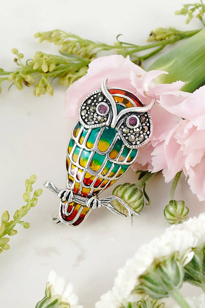 Sterling Silver & Marcasite Owl Brooch - SS