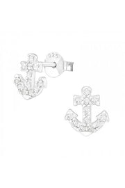 Sterling Silver Anchor Ear Studs With Cubic Zirconia - SS