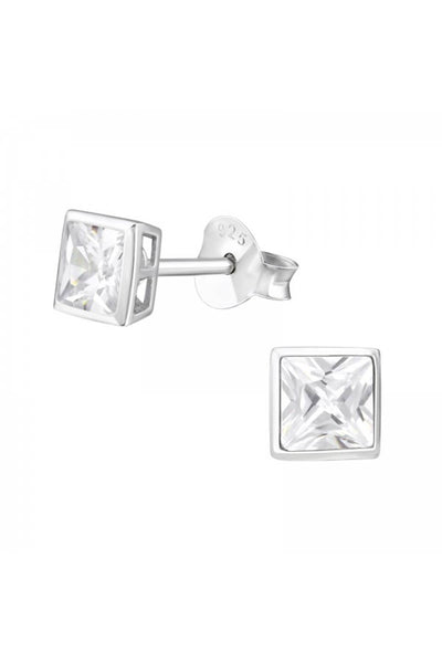 Sterling Silver Square 4mm Ear Studs With CZ - SS