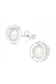 Sterling Silver Cricle Ear Studs & CZ & Synthetic Pearl - SS