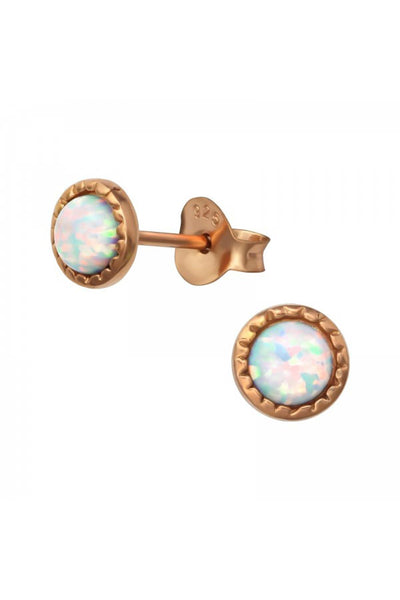 Sterling Silver Round Ear Studs With Opal - RG