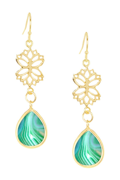 Green Lace Agate & Lotus Drop Earrings - GF