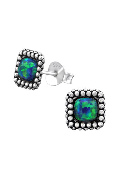 Sterling Silver Square Ear Studs With Opal - SS