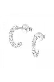 Sterling Silver Half Hoop Ear Studs With Crystal - SS
