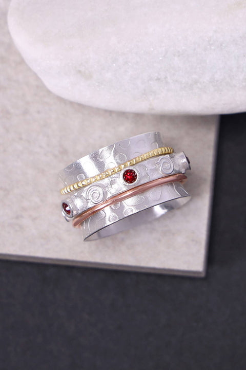 Garnet Crystal Tri-Tone Spinner Ring - SF