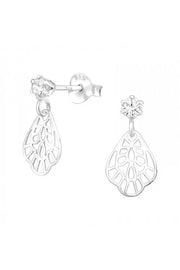 Sterling Silver Round Hanging Flower Ear Studs With CZ - SS
