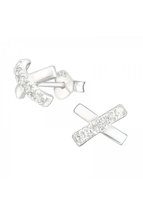 Sterling Silver Cross Ear Studs With Cubic Zirconia - SS