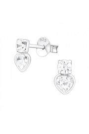 Sterling Silver Heart Ear Studs With CZ and Crystal - SS