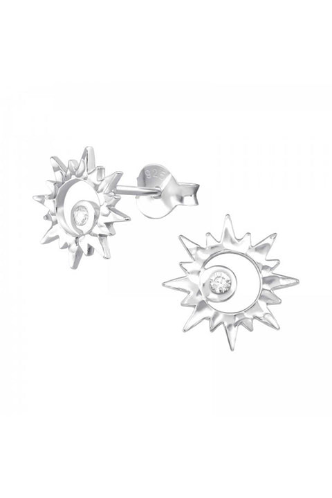 Sterling Silver Sun Ear Studs With Cubic Zirconia - SS
