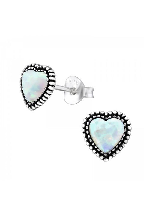 Sterling Silver Heart Ear Studs With Opal - SS