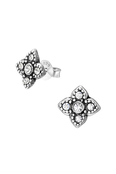 Sterling Silver Flower Ear Studs With Crystal - SS