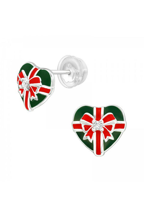 Children's Silver Christmas Present Ear Studs With CZ - SS
