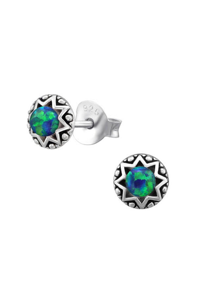 Sterling Silver Round Ear Studs With Opal - SS