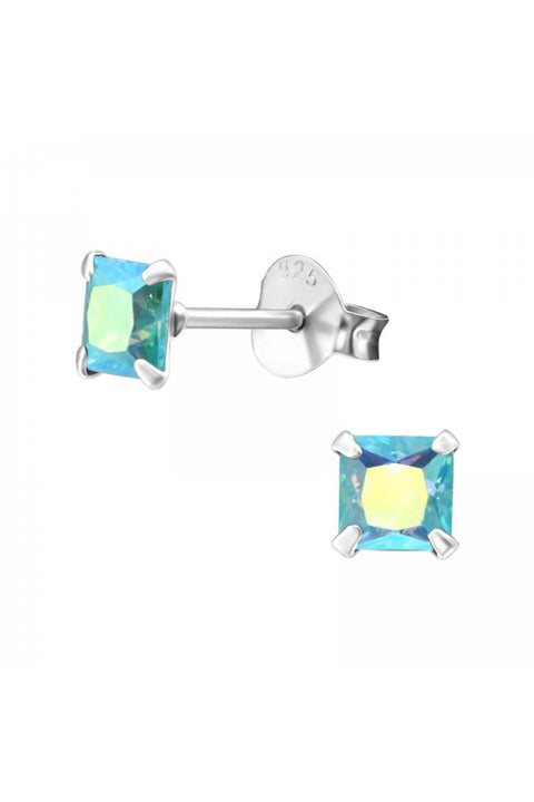 Sterling Silver Square 4mm Ear Studs With CZ - SS