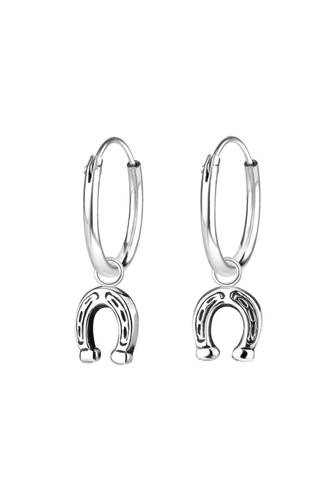 Sterling Silver Horseshoe Charm Hoop Earrings - SS