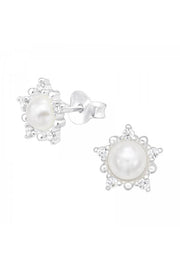 Sterling Silver Flower Ear Studs With CZ and Pearl - SS