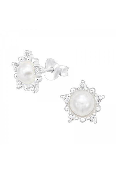 Sterling Silver Flower Ear Studs With CZ and Pearl - SS