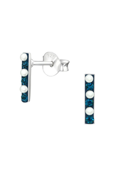 Sterling Silver Bar Ear Studs With Pearl and Crystal - SS