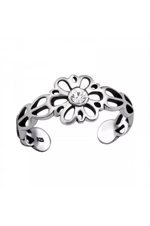 Sterling Silver Flower Adjustable Toe Ring With Crystal - SS