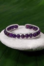 Amethyst Beaded Cuff Bracelet In Silver - SF