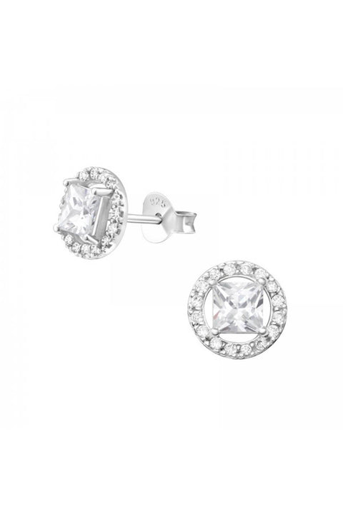 Sterling Silver Geometric Ear Studs With Cubic Zirconia - SS