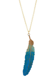 Natural Blue Patina Feather Pendant Necklace - GF