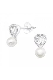 Sterling Silver Heart Ear Studs & CZ & Synthetic Pearl - SS